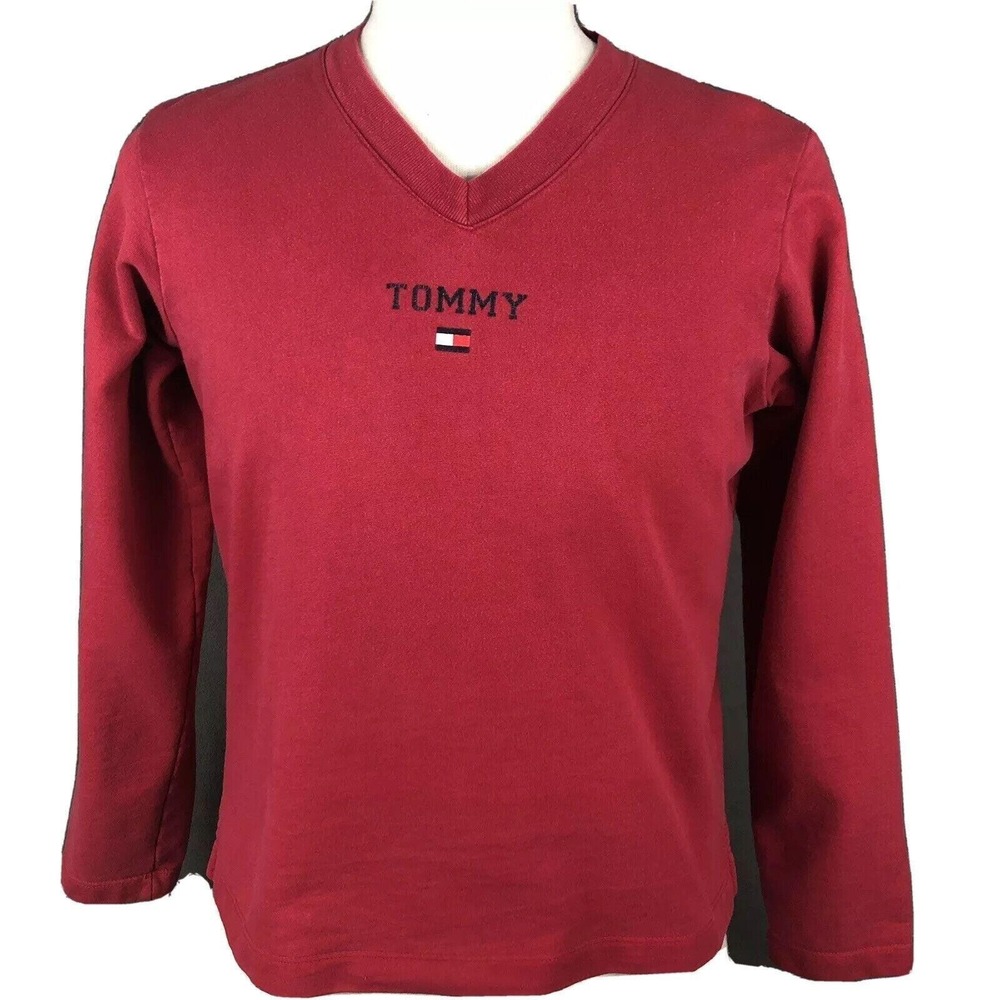 Tommy Hilfiger‎ Vintage 90s Red V-Neck Sweater Blouse Shirt Top Large Spell Out